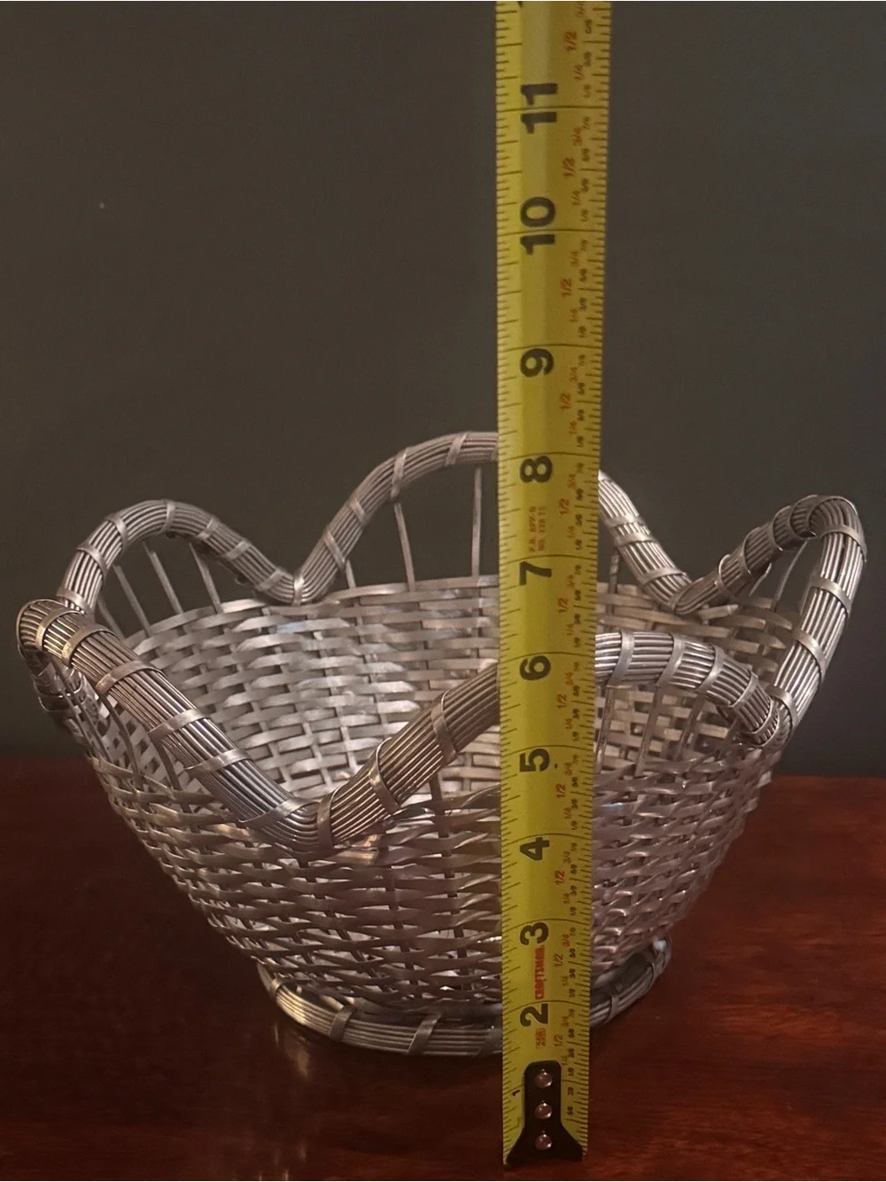 Vintage French Scalloped Silver Tone Woven Metal Basket Decorative Centerpiece